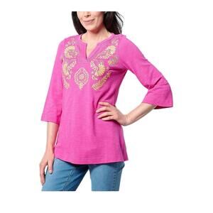 Bellisima by Kim Gravel Women's Slub Artisan Embroidered Top Sangria - Petite